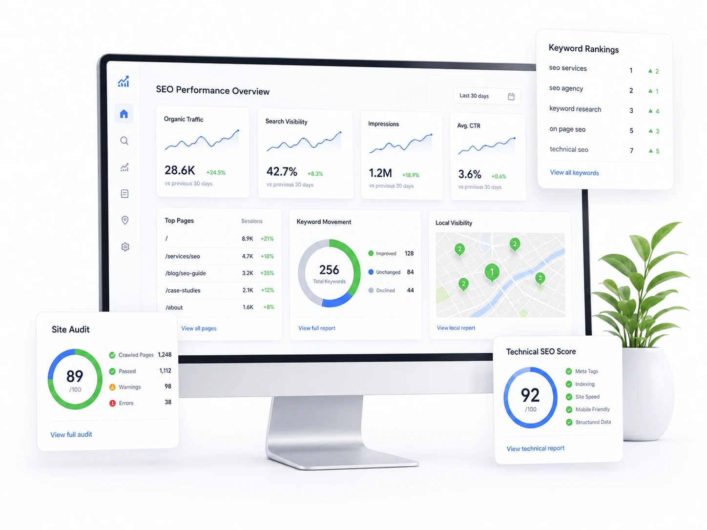 SEO Performance Dashboard SEO performance dashboard showing organic traffic, keyword rankings, search visibility, and technical SEO scores