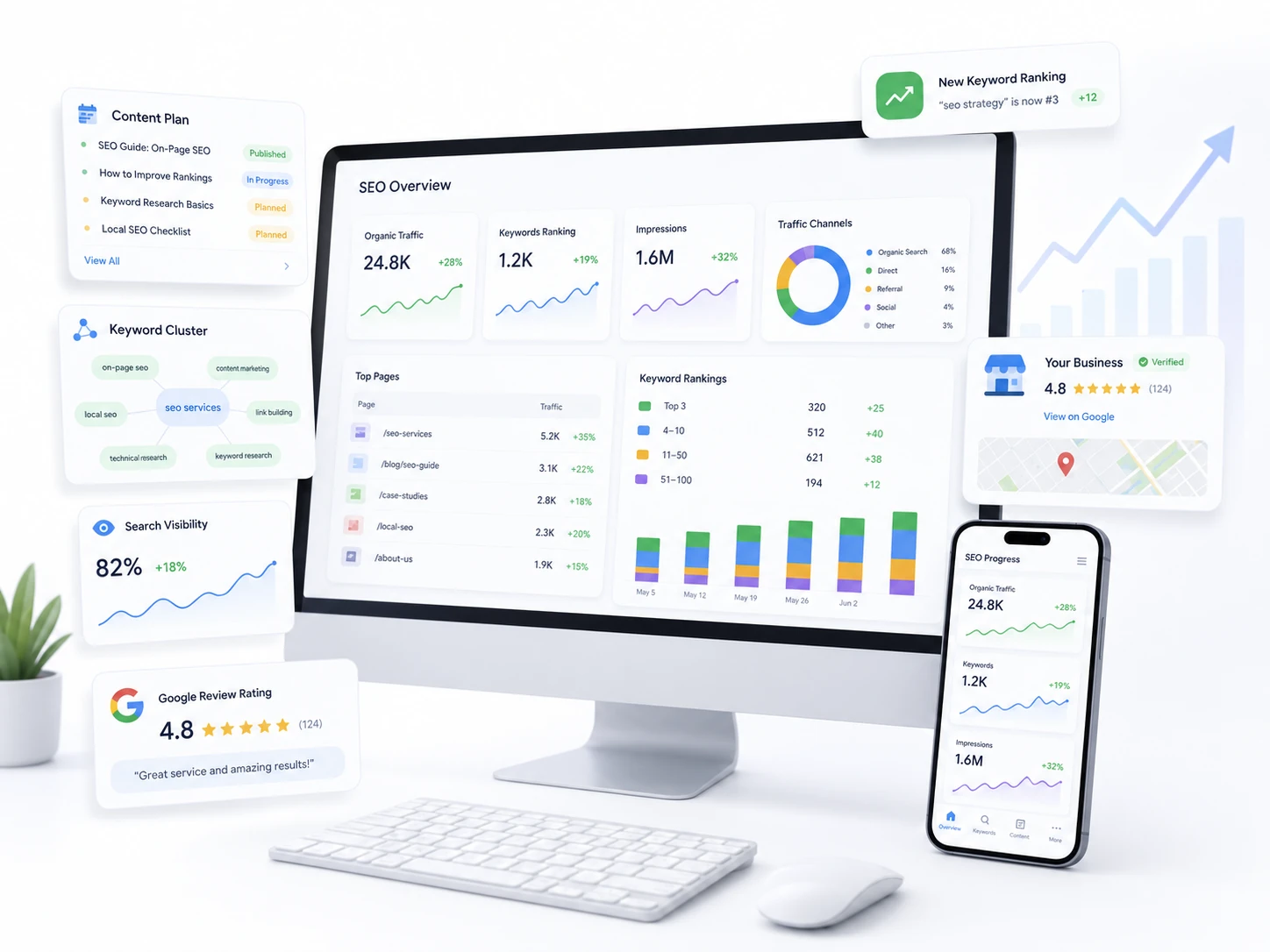 SEO Strategy and Content Planning SEO strategy dashboard showing content planning, keyword clusters, search visibility, rankings, and organic traffic growth