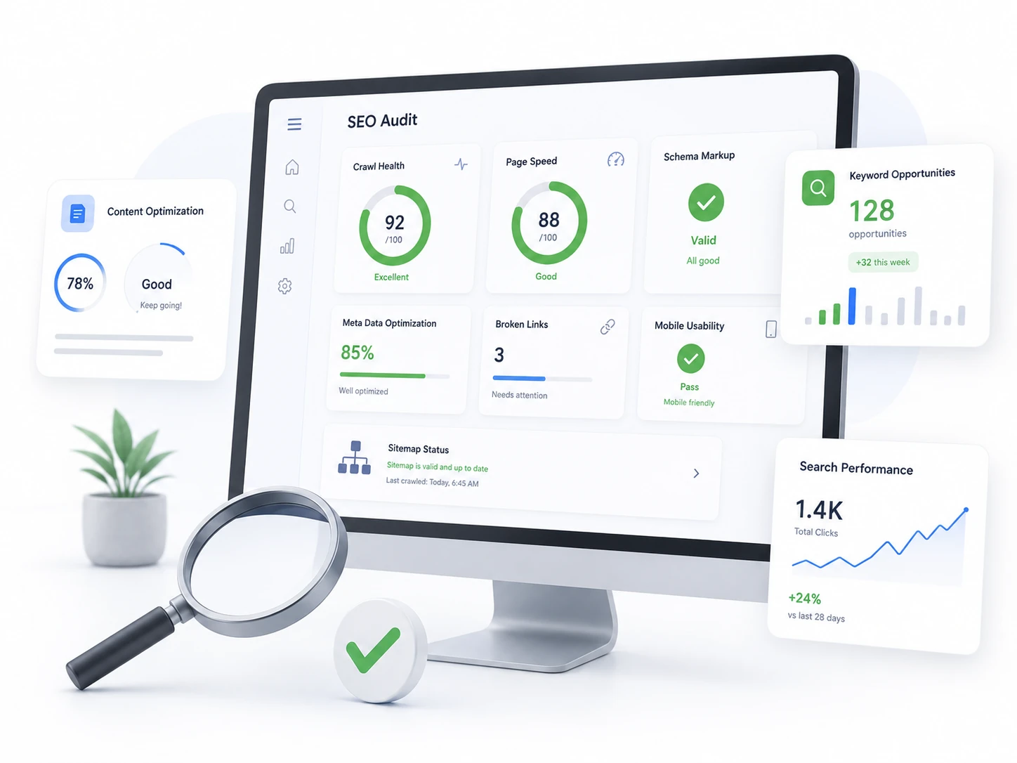 Technical SEO Audit Technical SEO audit dashboard showing crawl health, page speed, schema markup, broken links, and mobile usability